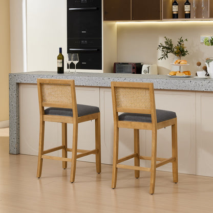 Full Solid Wood Rattan - Back Bar Stool, Matte Linen Cushion with High - Resilience Foam & S - Springs, Ideal for Rustic/Natural Style Kitchen Island, Low Bar in Dining Room & Café,Set of 2,Gray,SW1872GY - 1st Choice Furniture Direct
