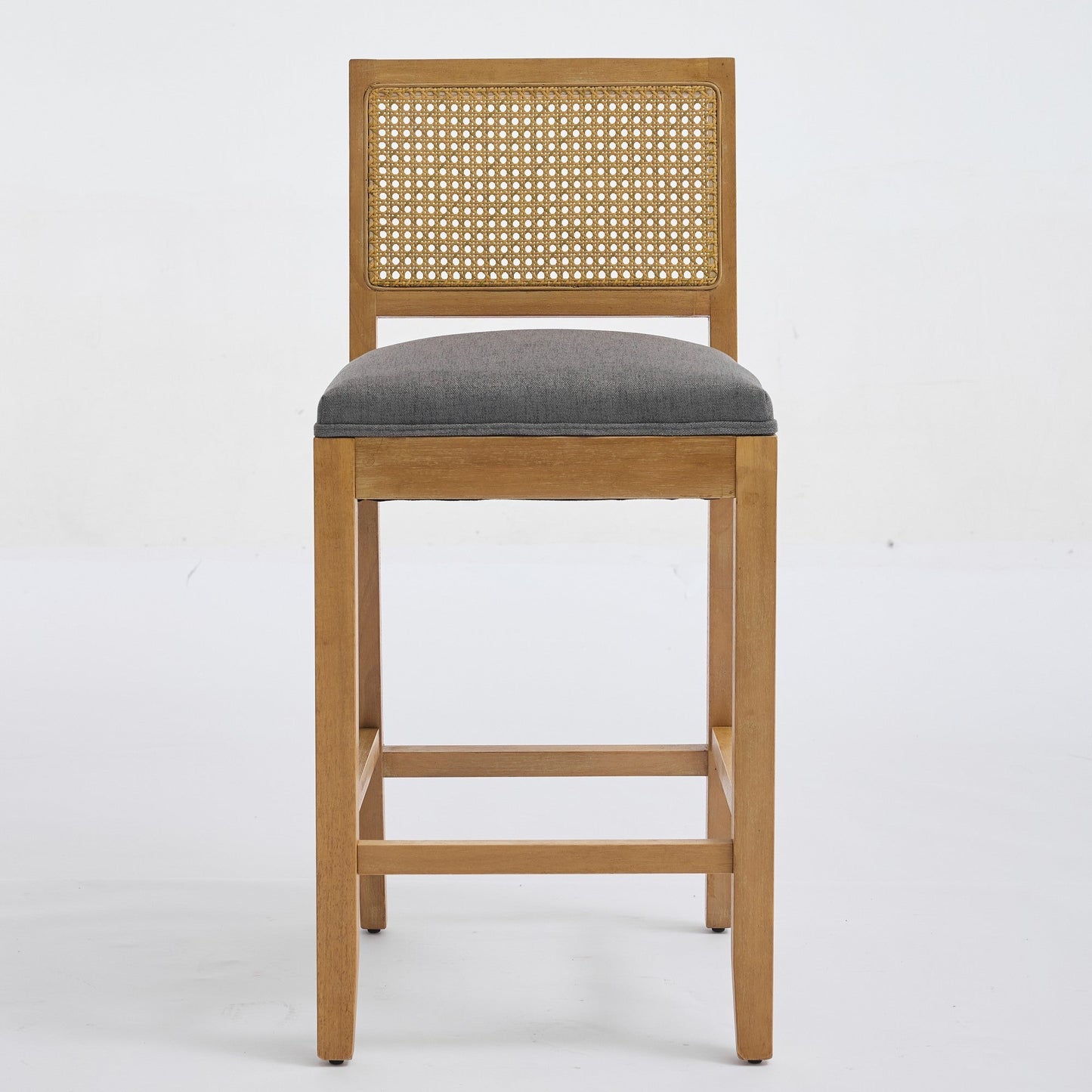 Full Solid Wood Rattan - Back Bar Stool, Matte Linen Cushion with High - Resilience Foam & S - Springs, Ideal for Rustic/Natural Style Kitchen Island, Low Bar in Dining Room & Café,Set of 2,Gray,SW1872GY - 1st Choice Furniture Direct