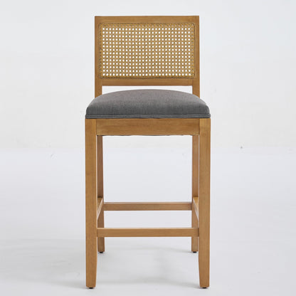 Full Solid Wood Rattan - Back Bar Stool, Matte Linen Cushion with High - Resilience Foam & S - Springs, Ideal for Rustic/Natural Style Kitchen Island, Low Bar in Dining Room & Café,Set of 2,Gray,SW1872GY - 1st Choice Furniture Direct