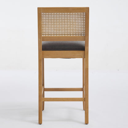 Full Solid Wood Rattan - Back Bar Stool, Matte Linen Cushion with High - Resilience Foam & S - Springs, Ideal for Rustic/Natural Style Kitchen Island, Low Bar in Dining Room & Café,Set of 2,Gray,SW1872GY - 1st Choice Furniture Direct