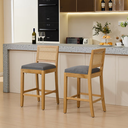 Full Solid Wood Rattan - Back Bar Stool, Matte Linen Cushion with High - Resilience Foam & S - Springs, Ideal for Rustic/Natural Style Kitchen Island, Low Bar in Dining Room & Café,Set of 2,Gray,SW1872GY - 1st Choice Furniture Direct
