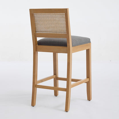 Full Solid Wood Rattan - Back Bar Stool, Matte Linen Cushion with High - Resilience Foam & S - Springs, Ideal for Rustic/Natural Style Kitchen Island, Low Bar in Dining Room & Café,Set of 2,Gray,SW1872GY - 1st Choice Furniture Direct