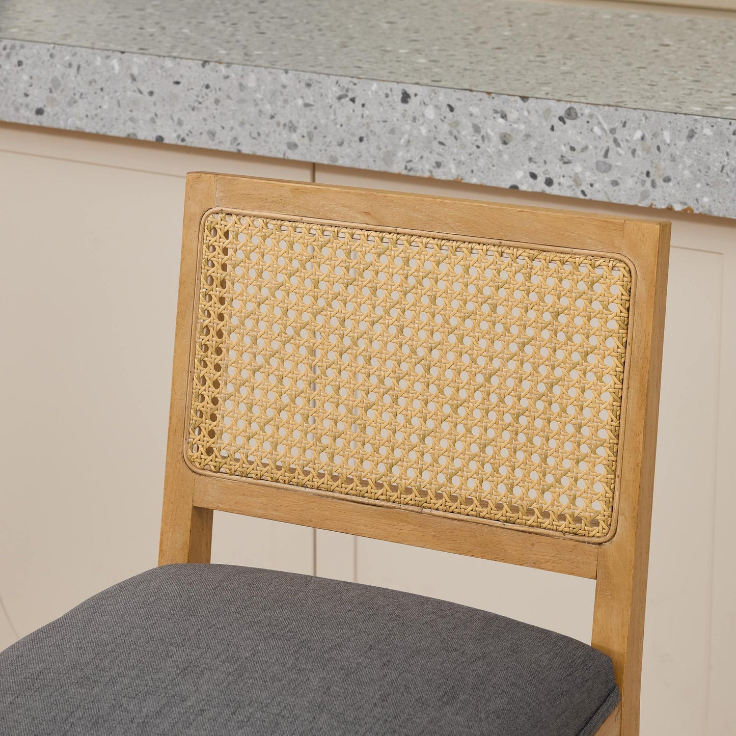 Full Solid Wood Rattan - Back Bar Stool, Matte Linen Cushion with High - Resilience Foam & S - Springs, Ideal for Rustic/Natural Style Kitchen Island, Low Bar in Dining Room & Café,Set of 2,Gray,SW1872GY - 1st Choice Furniture Direct