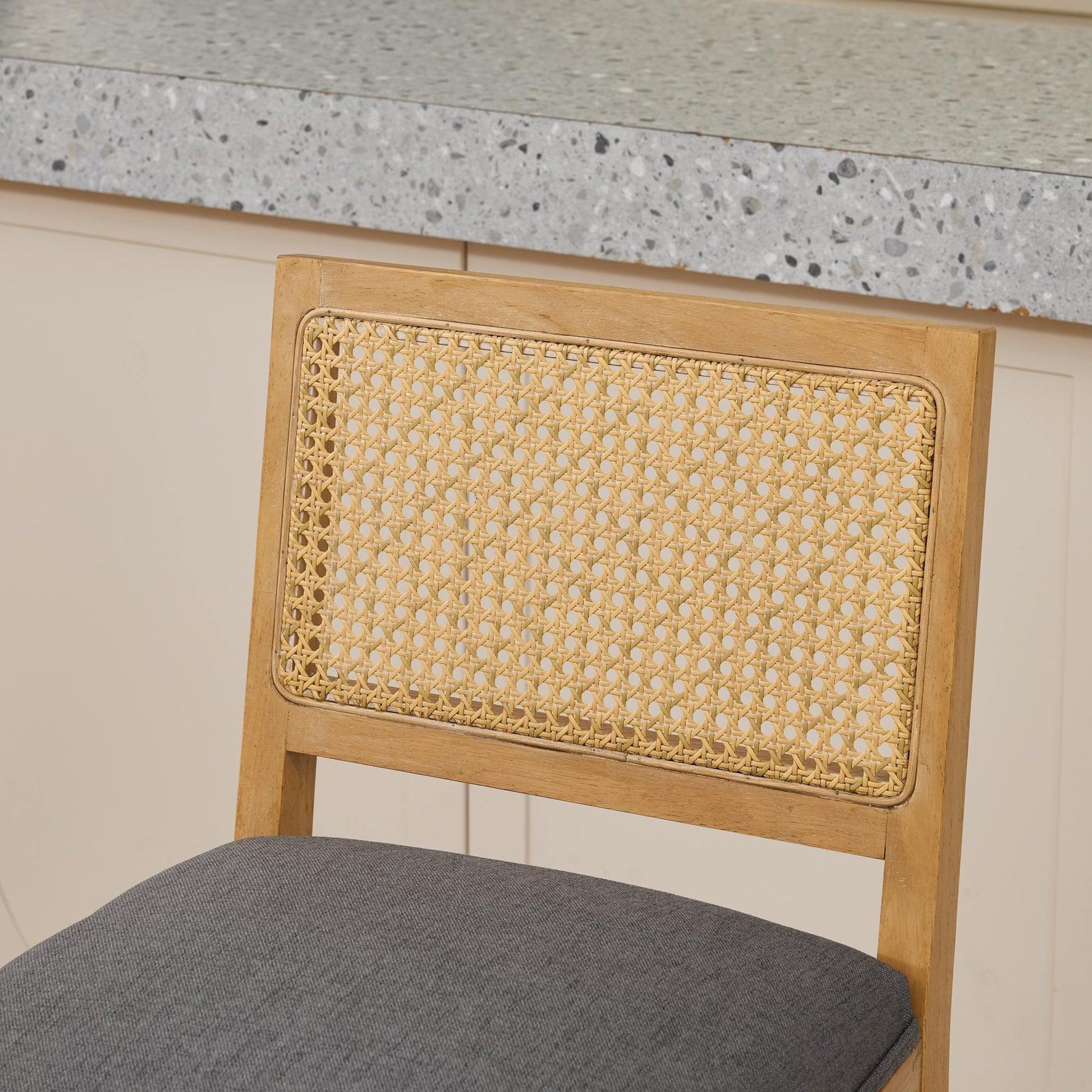 Full Solid Wood Rattan - Back Bar Stool, Matte Linen Cushion with High - Resilience Foam & S - Springs, Ideal for Rustic/Natural Style Kitchen Island, Low Bar in Dining Room & Café,Set of 2,Gray,SW1872GY - 1st Choice Furniture Direct