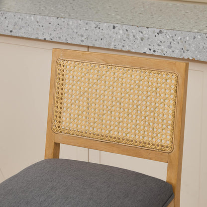 Full Solid Wood Rattan - Back Bar Stool, Matte Linen Cushion with High - Resilience Foam & S - Springs, Ideal for Rustic/Natural Style Kitchen Island, Low Bar in Dining Room & Café,Set of 2,Gray,SW1872GY - 1st Choice Furniture Direct