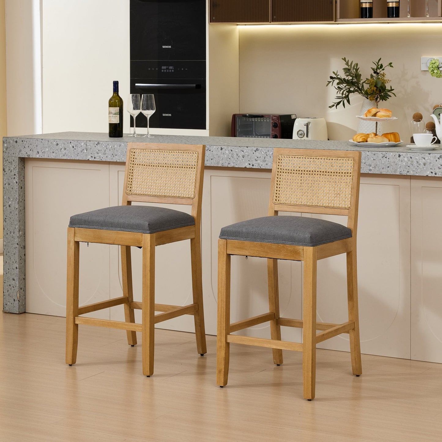 Full Solid Wood Rattan - Back Bar Stool, Matte Linen Cushion with High - Resilience Foam & S - Springs, Ideal for Rustic/Natural Style Kitchen Island, Low Bar in Dining Room & Café,Set of 2,Gray,SW1872GY - 1st Choice Furniture Direct