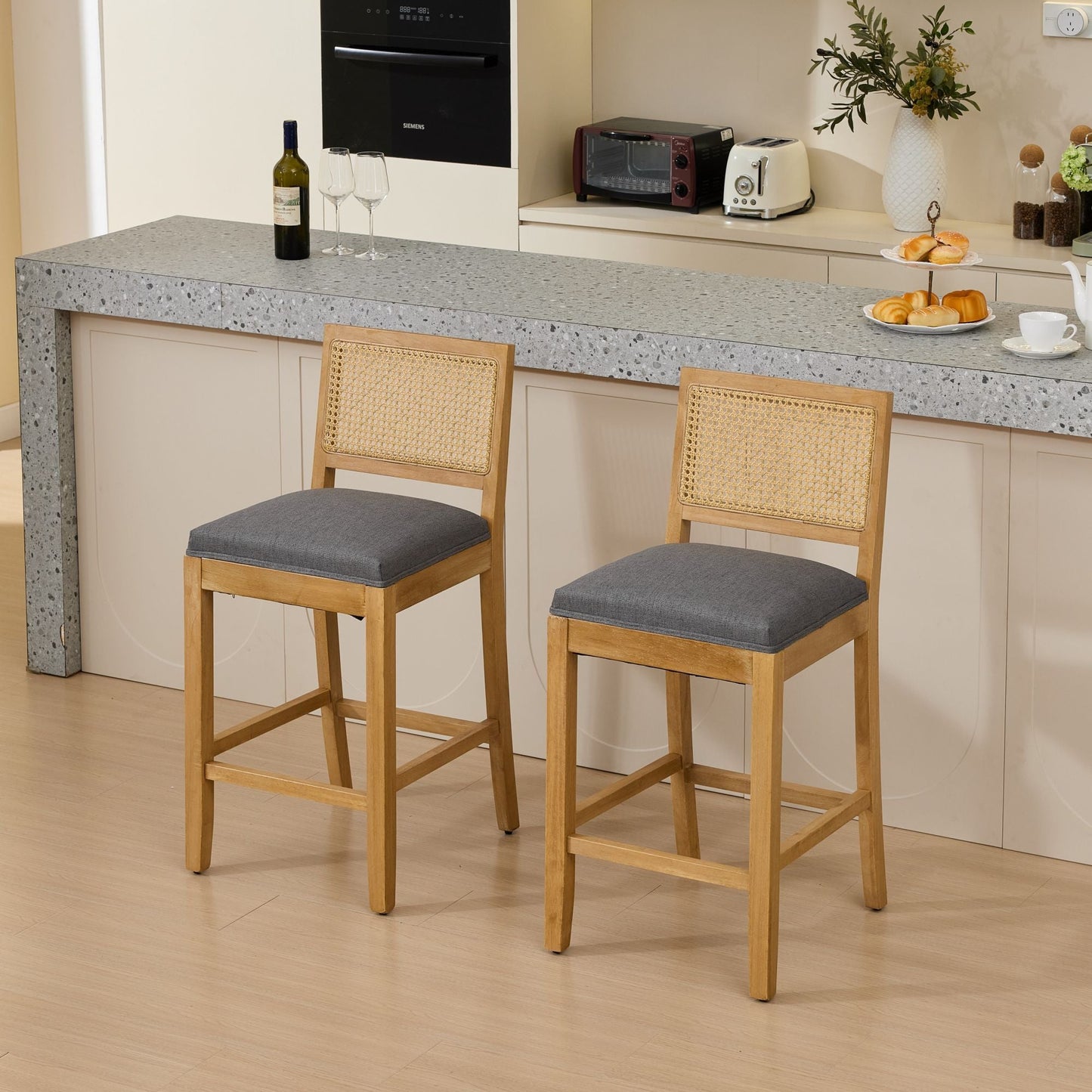 Full Solid Wood Rattan - Back Bar Stool, Matte Linen Cushion with High - Resilience Foam & S - Springs, Ideal for Rustic/Natural Style Kitchen Island, Low Bar in Dining Room & Café,Set of 2,Gray,SW1872GY - 1st Choice Furniture Direct