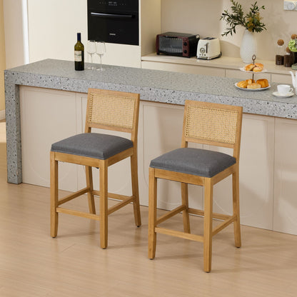 Full Solid Wood Rattan - Back Bar Stool, Matte Linen Cushion with High - Resilience Foam & S - Springs, Ideal for Rustic/Natural Style Kitchen Island, Low Bar in Dining Room & Café,Set of 2,Gray,SW1872GY - 1st Choice Furniture Direct