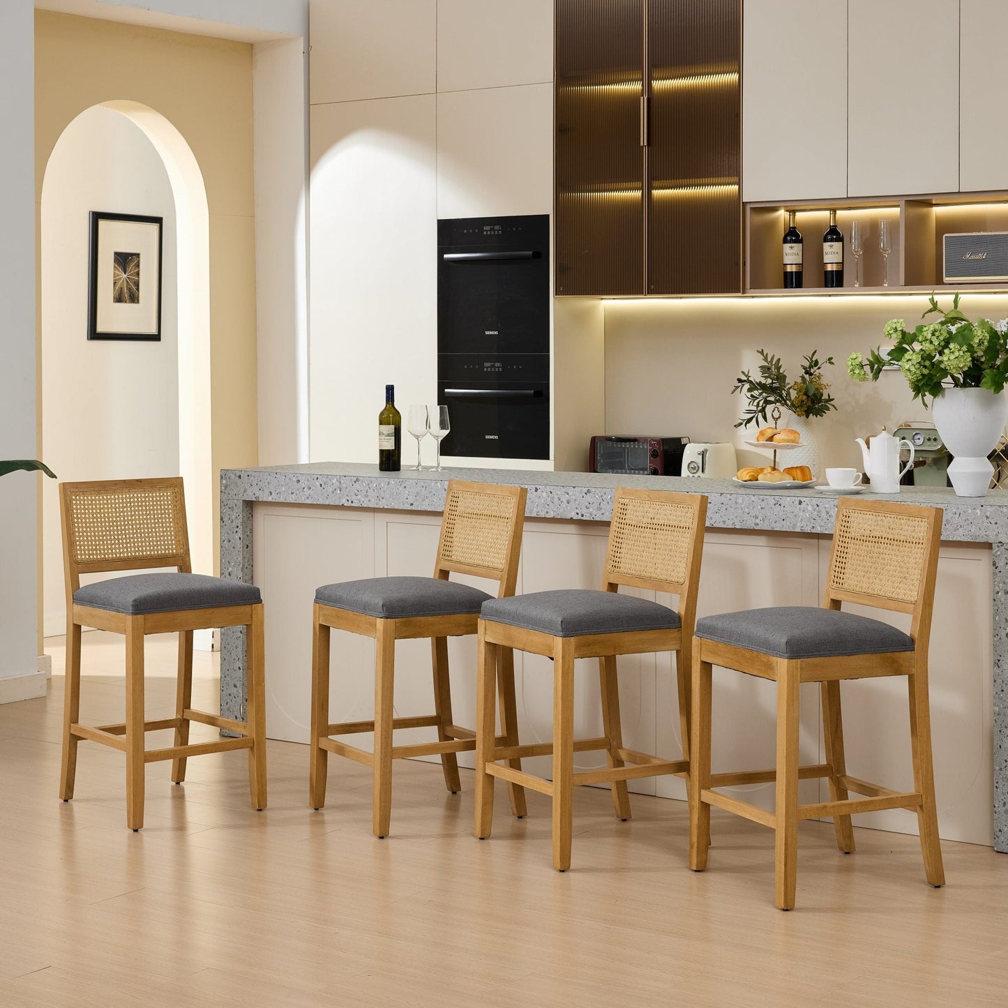 Full Solid Wood Rattan - Back Bar Stool, Matte Linen Cushion with High - Resilience Foam & S - Springs, Ideal for Rustic/Natural Style Kitchen Island, Low Bar in Dining Room & Café,Set of 2,Gray,SW1872GY - 1st Choice Furniture Direct