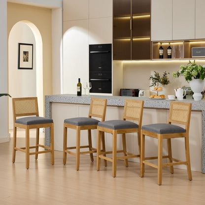 Full Solid Wood Rattan - Back Bar Stool, Matte Linen Cushion with High - Resilience Foam & S - Springs, Ideal for Rustic/Natural Style Kitchen Island, Low Bar in Dining Room & Café,Set of 2,Gray,SW1872GY - 1st Choice Furniture Direct