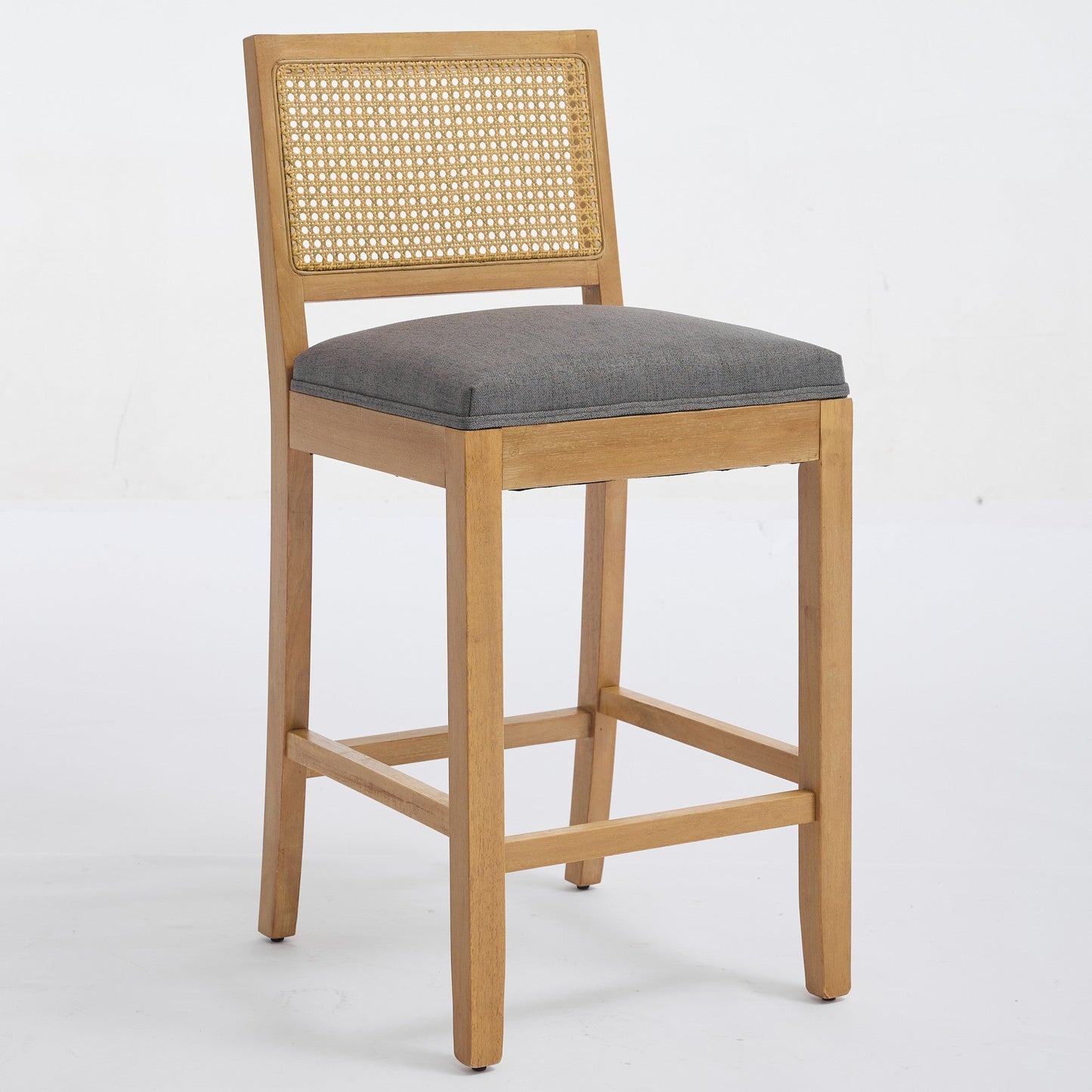 Full Solid Wood Rattan - Back Bar Stool, Matte Linen Cushion with High - Resilience Foam & S - Springs, Ideal for Rustic/Natural Style Kitchen Island, Low Bar in Dining Room & Café,Set of 2,Gray,SW1872GY - 1st Choice Furniture Direct