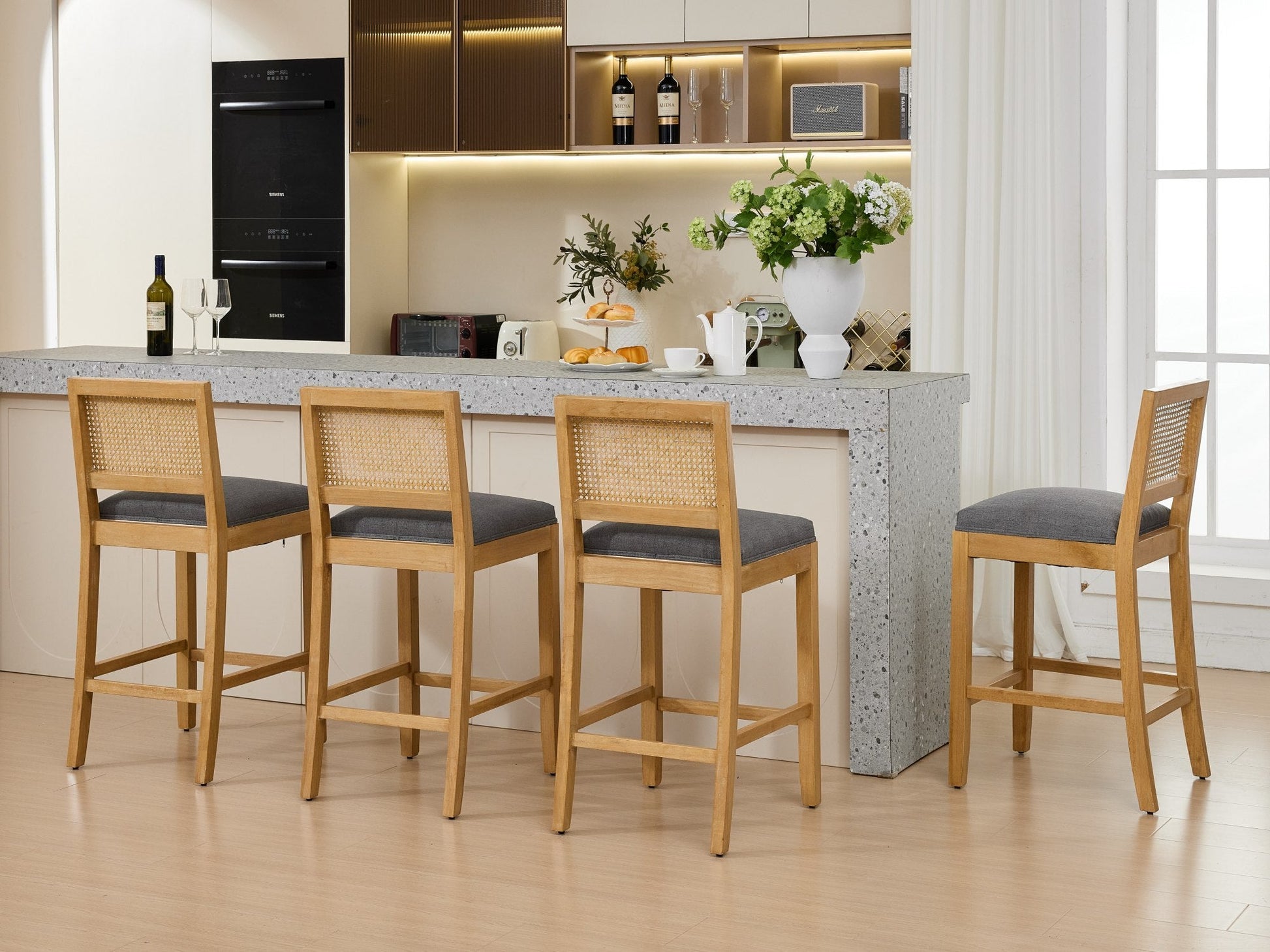 Full Solid Wood Rattan - Back Bar Stool, Matte Linen Cushion with High - Resilience Foam & S - Springs, Ideal for Rustic/Natural Style Kitchen Island, Low Bar in Dining Room & Café,Set of 2,Gray,SW1872GY - 1st Choice Furniture Direct