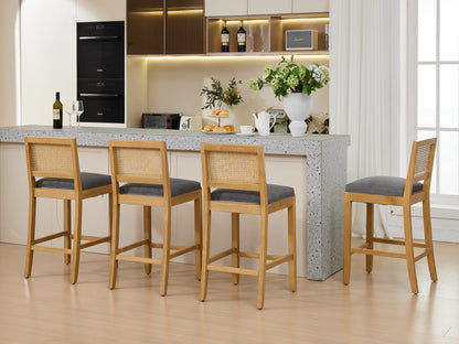 Full Solid Wood Rattan - Back Bar Stool, Matte Linen Cushion with High - Resilience Foam & S - Springs, Ideal for Rustic/Natural Style Kitchen Island, Low Bar in Dining Room & Café,Set of 2,Gray,SW1872GY - 1st Choice Furniture Direct