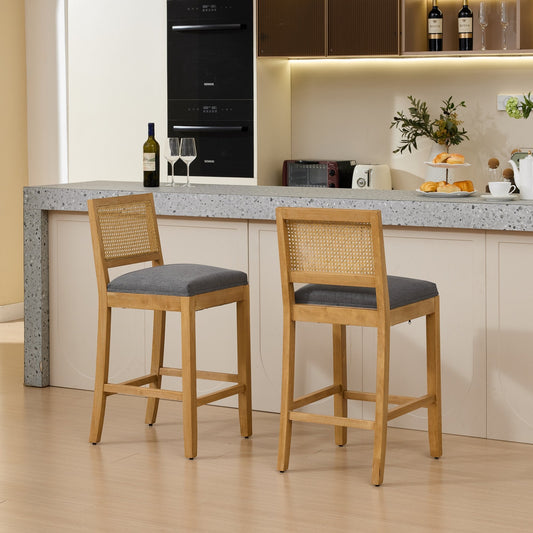 Full Solid Wood Rattan - Back Bar Stool, Matte Linen Cushion with High - Resilience Foam & S - Springs, Ideal for Rustic/Natural Style Kitchen Island, Low Bar in Dining Room & Café,Set of 2,Gray,SW1872GY - 1st Choice Furniture Direct