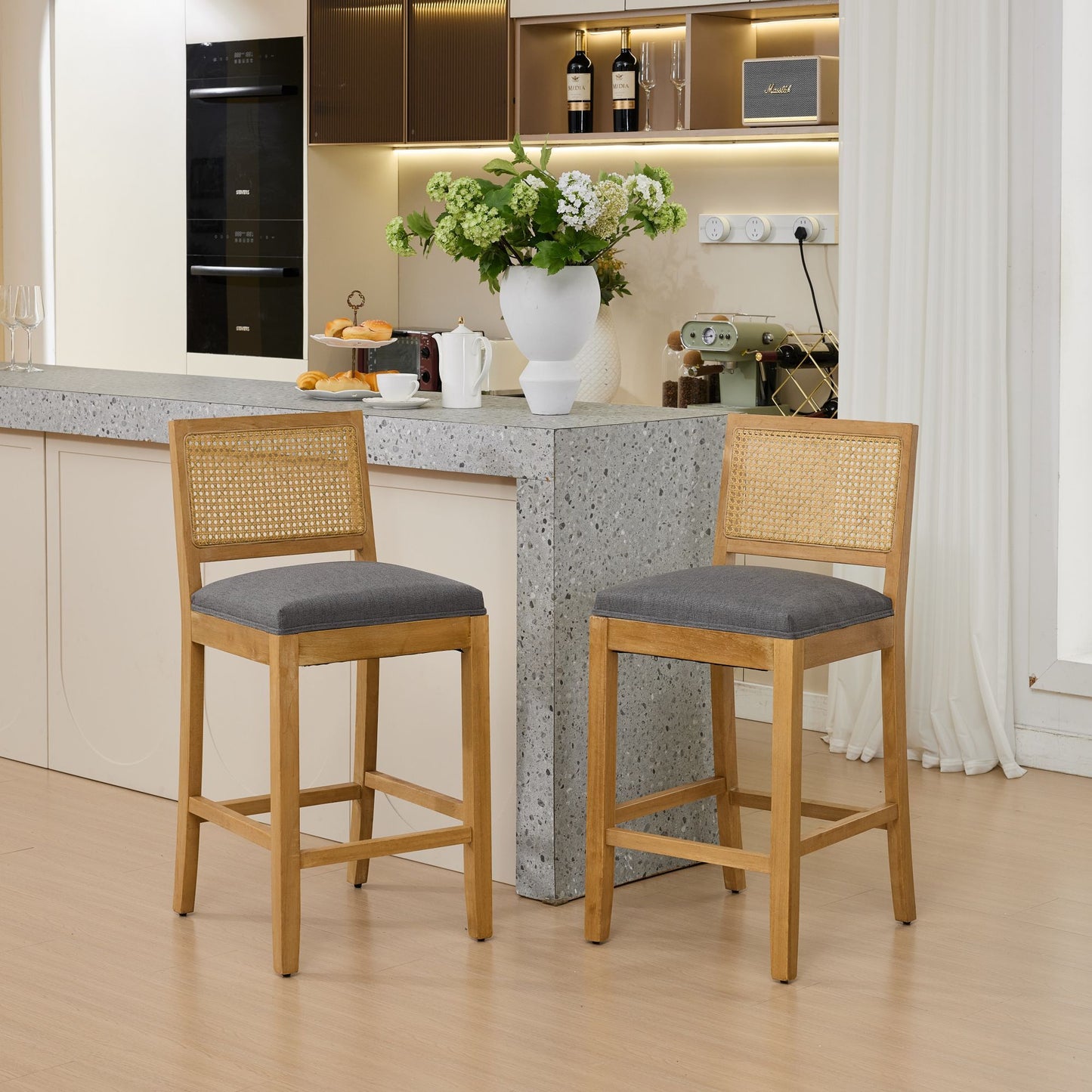 Full Solid Wood Rattan - Back Bar Stool, Matte Linen Cushion with High - Resilience Foam & S - Springs, Ideal for Rustic/Natural Style Kitchen Island, Low Bar in Dining Room & Café,Set of 2,Gray,SW1872GY - 1st Choice Furniture Direct