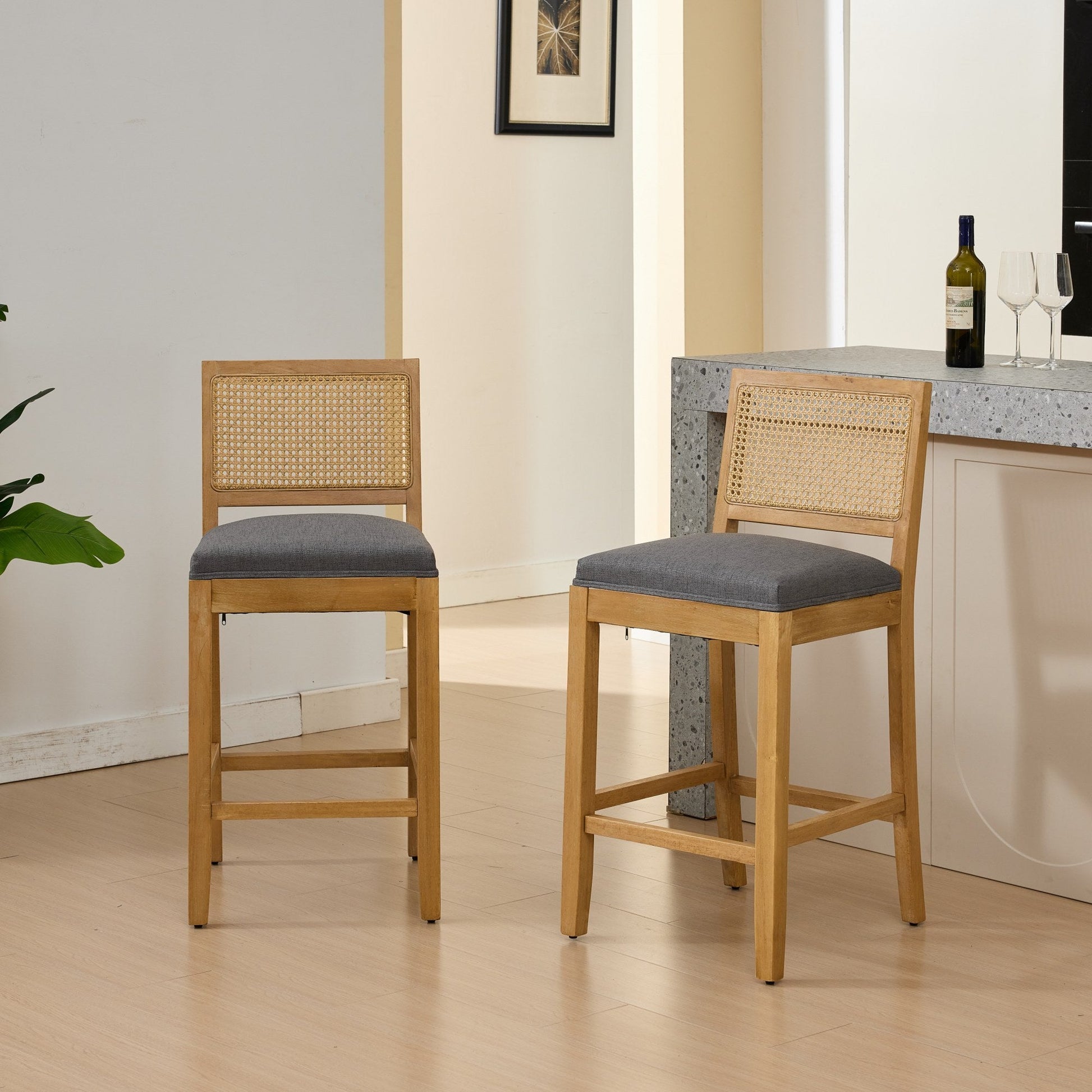Full Solid Wood Rattan - Back Bar Stool, Matte Linen Cushion with High - Resilience Foam & S - Springs, Ideal for Rustic/Natural Style Kitchen Island, Low Bar in Dining Room & Café,Set of 2,Gray,SW1872GY - 1st Choice Furniture Direct