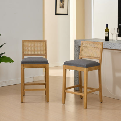 Full Solid Wood Rattan - Back Bar Stool, Matte Linen Cushion with High - Resilience Foam & S - Springs, Ideal for Rustic/Natural Style Kitchen Island, Low Bar in Dining Room & Café,Set of 2,Gray,SW1872GY - 1st Choice Furniture Direct