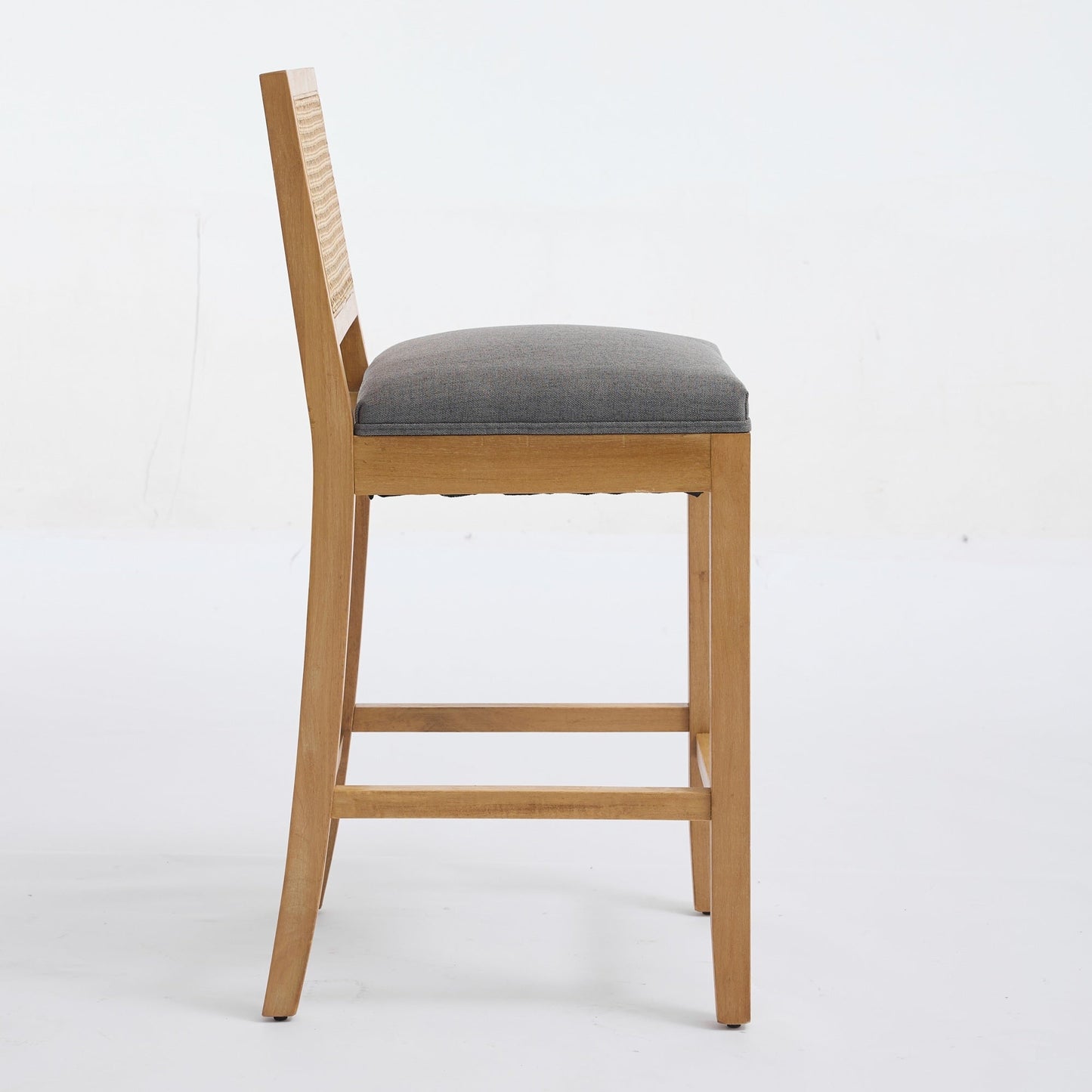 Full Solid Wood Rattan - Back Bar Stool, Matte Linen Cushion with High - Resilience Foam & S - Springs, Ideal for Rustic/Natural Style Kitchen Island, Low Bar in Dining Room & Café,Set of 2,Gray,SW1872GY - 1st Choice Furniture Direct