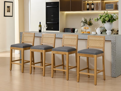Full Solid Wood Rattan - Back Bar Stool, Matte Linen Cushion with High - Resilience Foam & S - Springs, Ideal for Rustic/Natural Style Kitchen Island, Low Bar in Dining Room & Café,Set of 2,Gray,SW1872GY - 1st Choice Furniture Direct