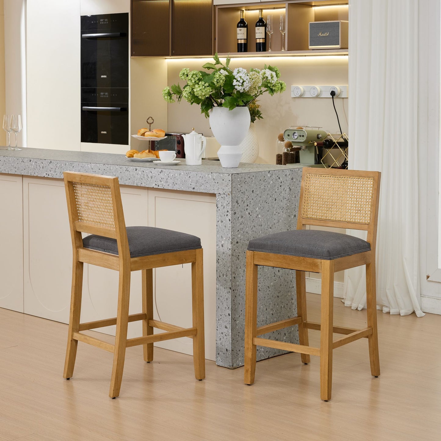 Full Solid Wood Rattan - Back Bar Stool, Matte Linen Cushion with High - Resilience Foam & S - Springs, Ideal for Rustic/Natural Style Kitchen Island, Low Bar in Dining Room & Café,Set of 2,Gray,SW1872GY - 1st Choice Furniture Direct