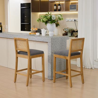 Full Solid Wood Rattan - Back Bar Stool, Matte Linen Cushion with High - Resilience Foam & S - Springs, Ideal for Rustic/Natural Style Kitchen Island, Low Bar in Dining Room & Café,Set of 2,Gray,SW1872GY - 1st Choice Furniture Direct