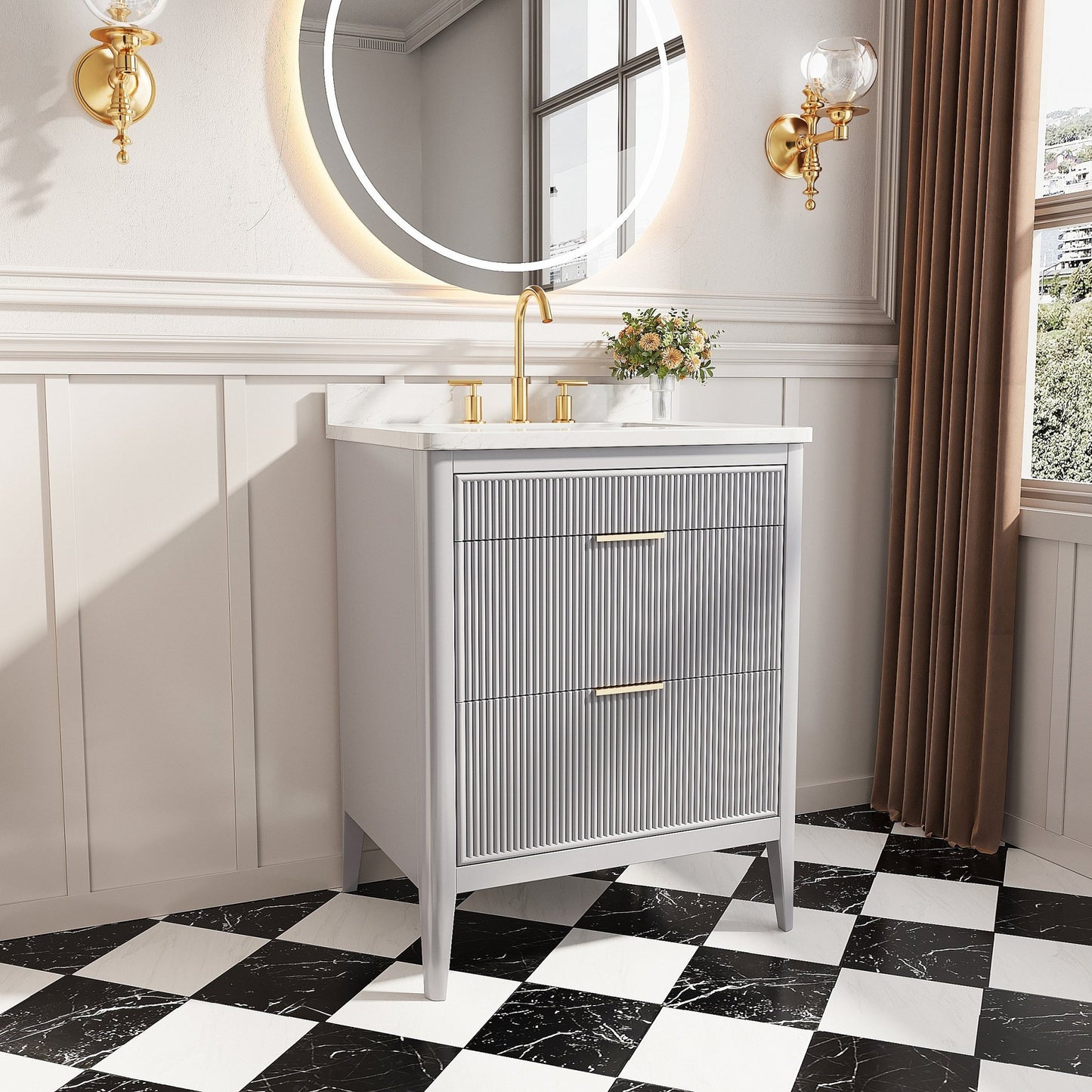 Fully Assembled 30'' Grey Freestanding Single Sink Bathroom Vanity with 2 Handle Sets and Engineered Marble Top - 1st Choice Furniture Direct