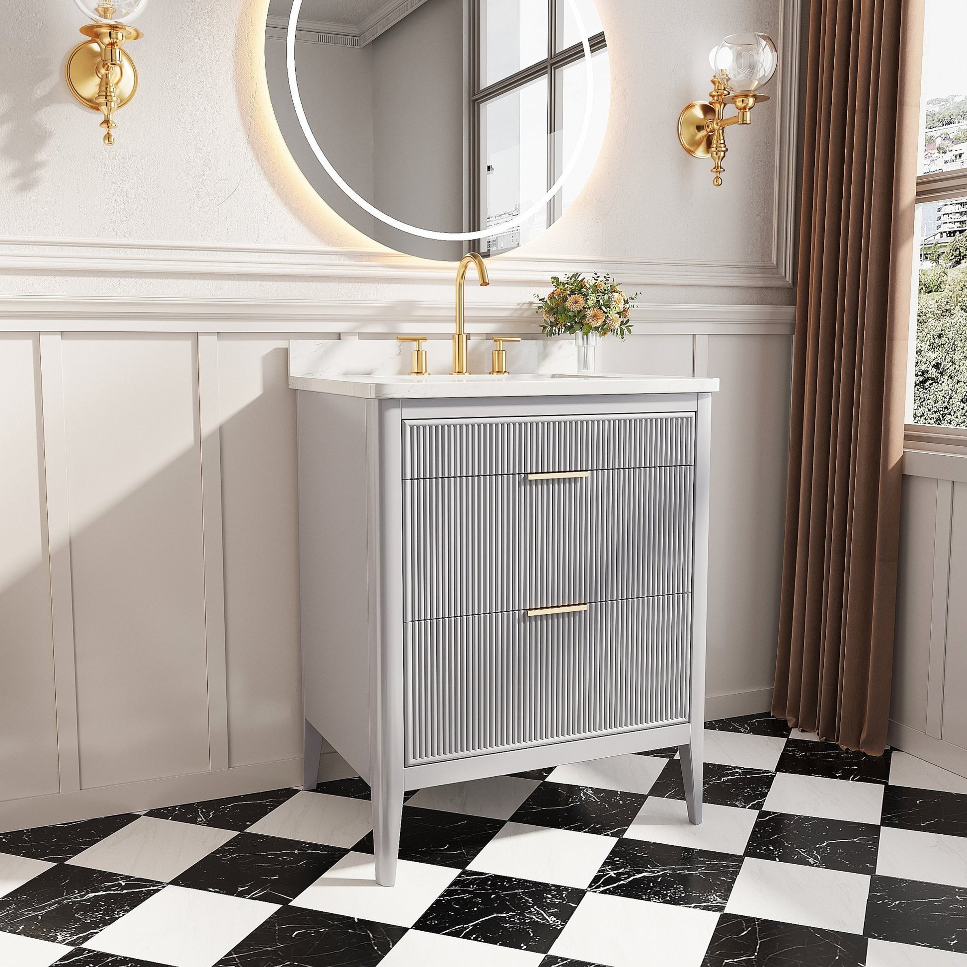 Fully Assembled 30'' Grey Freestanding Single Sink Bathroom Vanity with 2 Handle Sets and Engineered Marble Top - 1st Choice Furniture Direct