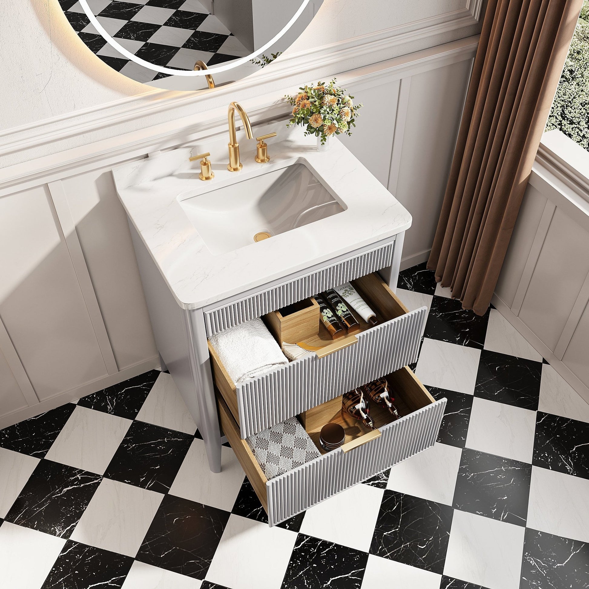 Fully Assembled 30'' Grey Freestanding Single Sink Bathroom Vanity with 2 Handle Sets and Engineered Marble Top - 1st Choice Furniture Direct