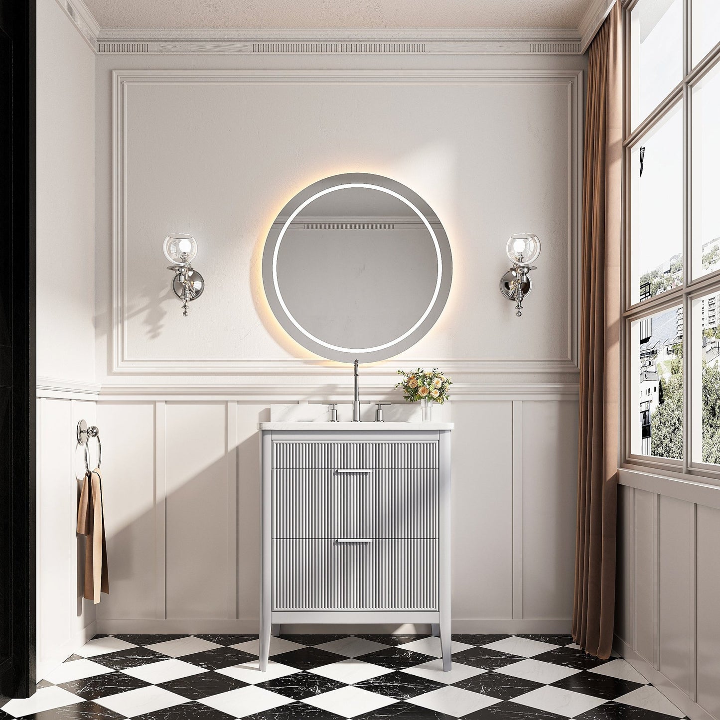 Fully Assembled 30'' Grey Freestanding Single Sink Bathroom Vanity with 2 Handle Sets and Engineered Marble Top - 1st Choice Furniture Direct