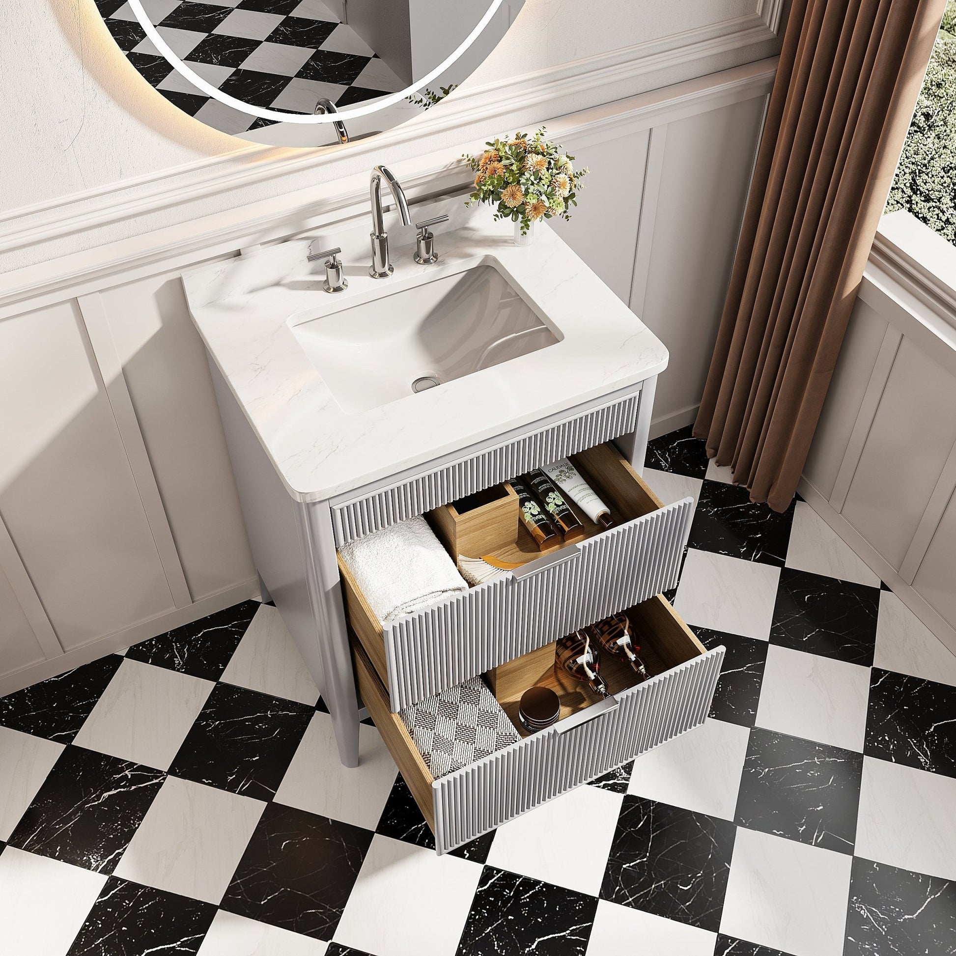 Fully Assembled 30'' Grey Freestanding Single Sink Bathroom Vanity with 2 Handle Sets and Engineered Marble Top - 1st Choice Furniture Direct