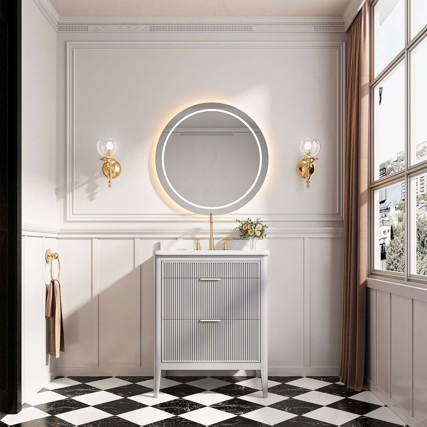 Fully Assembled 30'' Grey Freestanding Single Sink Bathroom Vanity with 2 Handle Sets and Engineered Marble Top - 1st Choice Furniture Direct