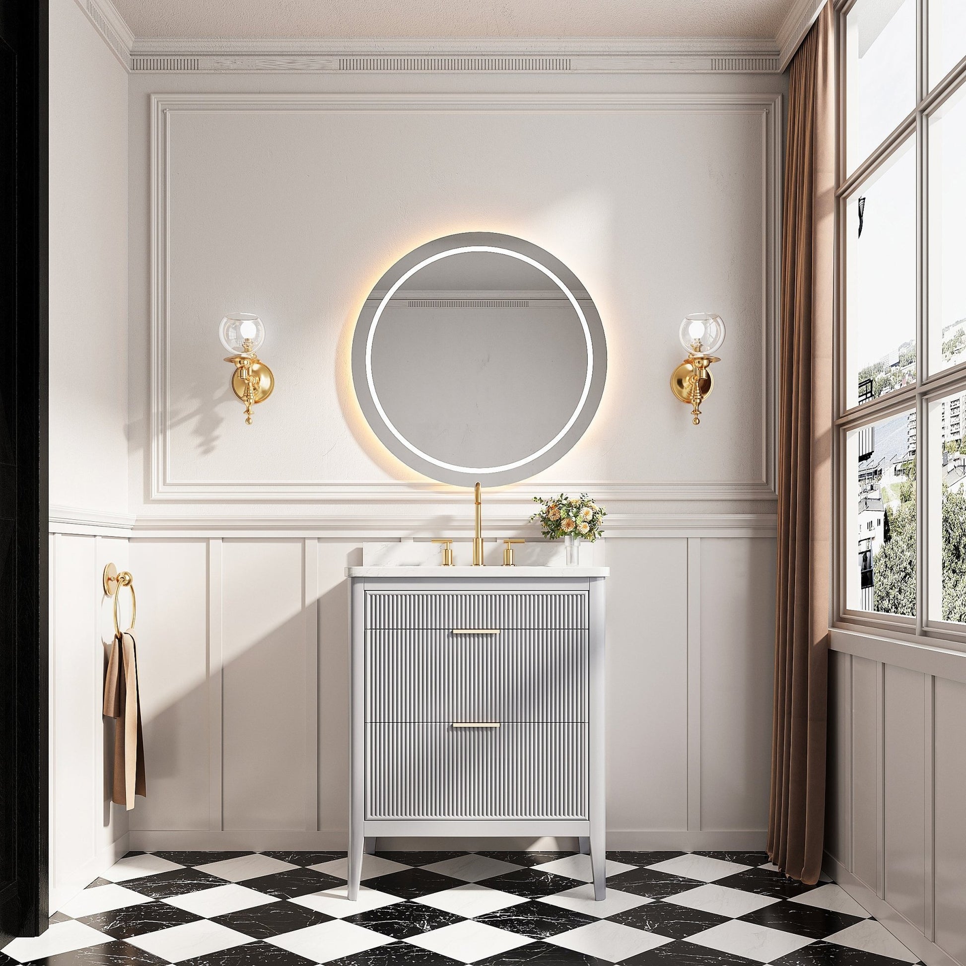 Fully Assembled 30'' Grey Freestanding Single Sink Bathroom Vanity with 2 Handle Sets and Engineered Marble Top - 1st Choice Furniture Direct