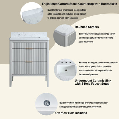 Fully Assembled 30'' Grey Freestanding Single Sink Bathroom Vanity with 2 Handle Sets and Engineered Marble Top - 1st Choice Furniture Direct