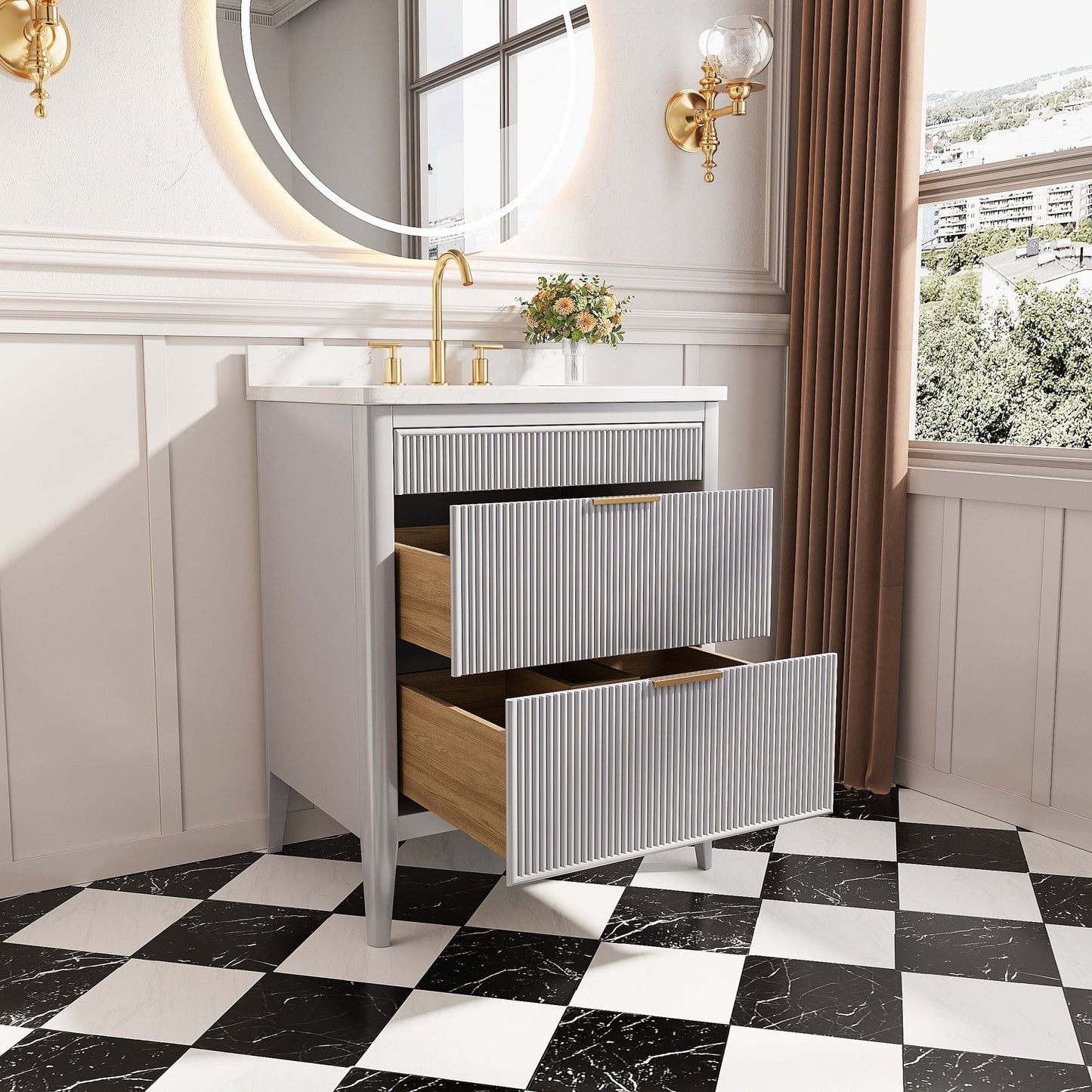 Fully Assembled 30'' Grey Freestanding Single Sink Bathroom Vanity with 2 Handle Sets and Engineered Marble Top - 1st Choice Furniture Direct