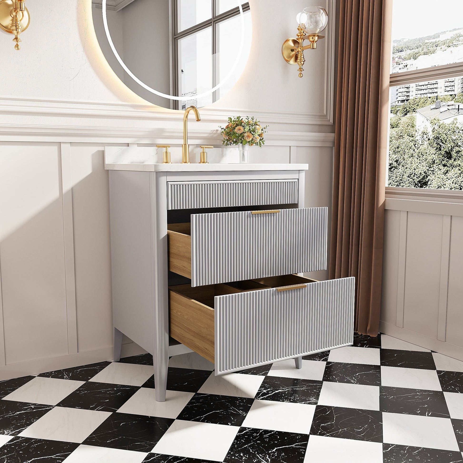 Fully Assembled 30'' Grey Freestanding Single Sink Bathroom Vanity with 2 Handle Sets and Engineered Marble Top - 1st Choice Furniture Direct