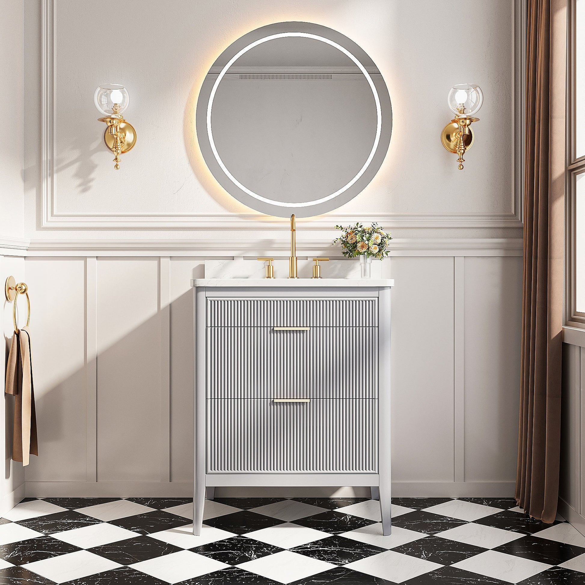 Fully Assembled 30'' Grey Freestanding Single Sink Bathroom Vanity with 2 Handle Sets and Engineered Marble Top - 1st Choice Furniture Direct