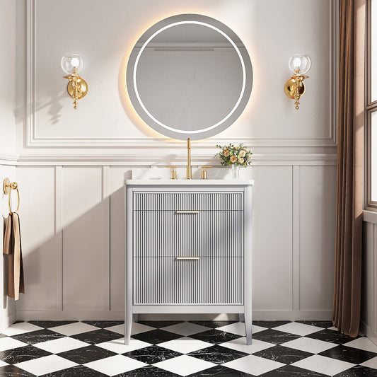 Fully Assembled 30'' Grey Freestanding Single Sink Bathroom Vanity with 2 Handle Sets and Engineered Marble Top - 1st Choice Furniture Direct
