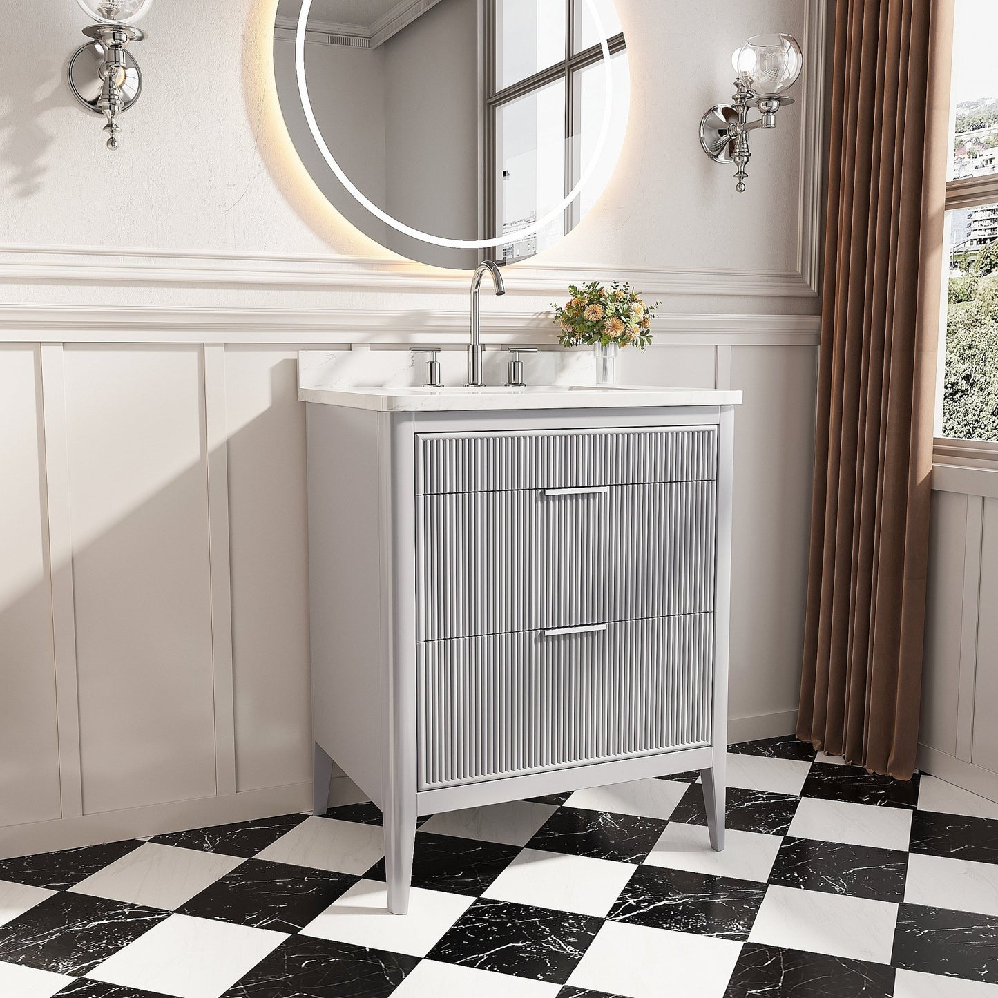 Fully Assembled 30'' Grey Freestanding Single Sink Bathroom Vanity with 2 Handle Sets and Engineered Marble Top - 1st Choice Furniture Direct