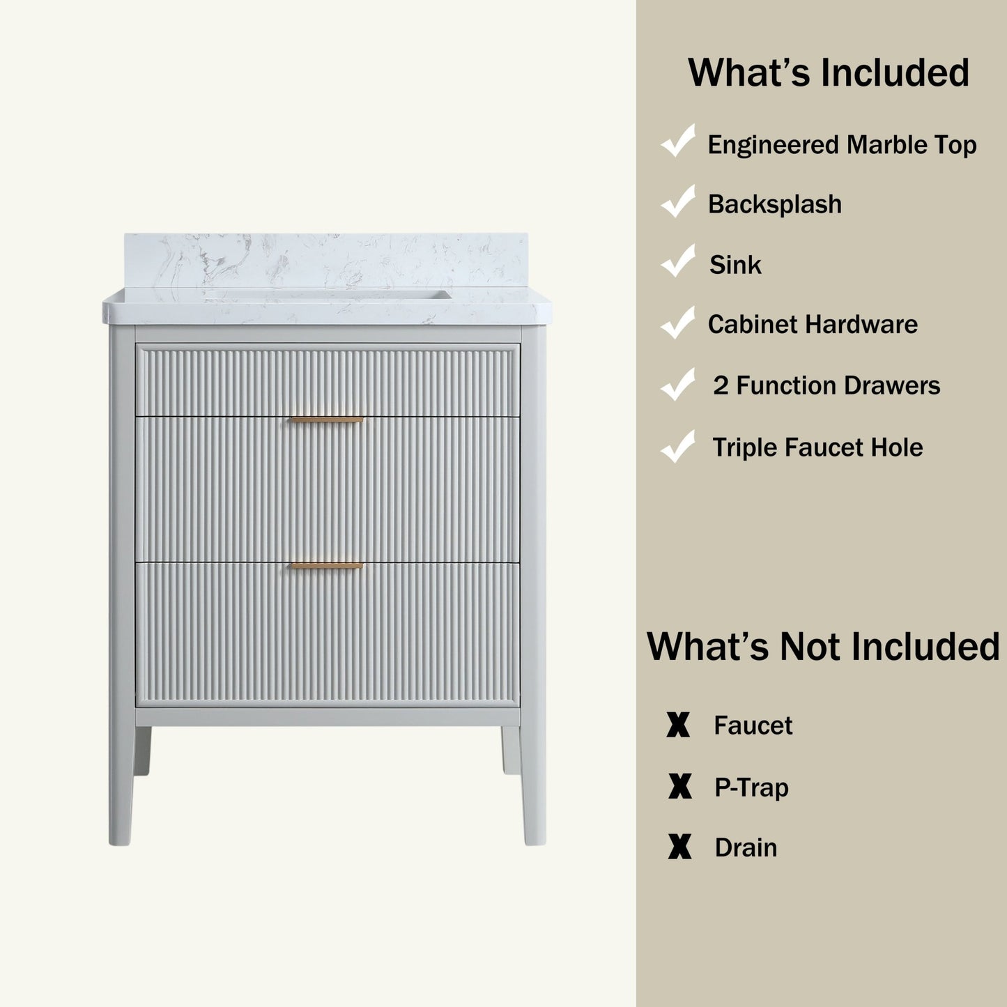 Fully Assembled 30'' Grey Freestanding Single Sink Bathroom Vanity with 2 Handle Sets and Engineered Marble Top - 1st Choice Furniture Direct