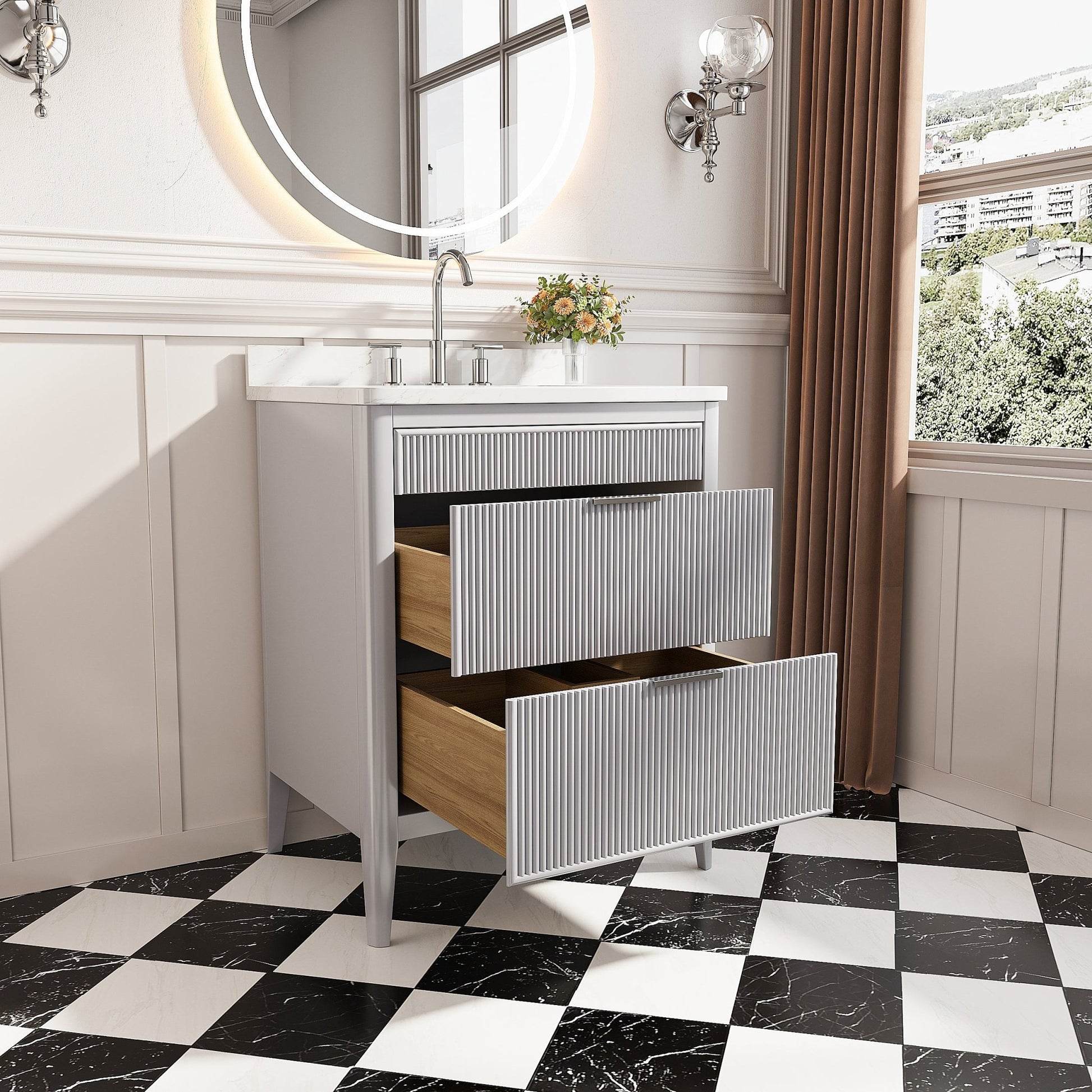 Fully Assembled 30'' Grey Freestanding Single Sink Bathroom Vanity with 2 Handle Sets and Engineered Marble Top - 1st Choice Furniture Direct