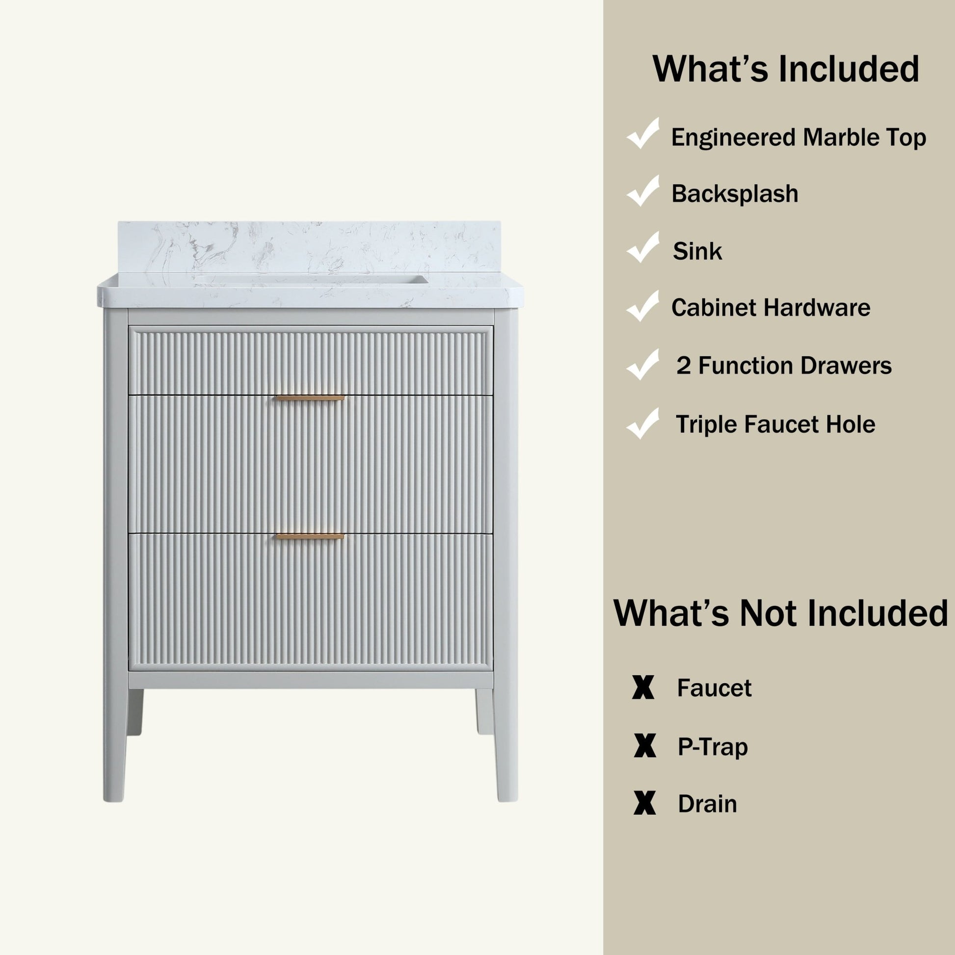 Fully Assembled 30'' Grey Freestanding Single Sink Bathroom Vanity with 2 Handle Sets and Engineered Marble Top - 1st Choice Furniture Direct