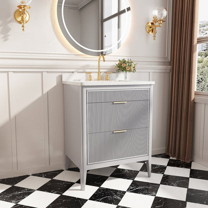 Fully Assembled 30'' Grey Freestanding Single Sink Bathroom Vanity with 2 Handle Sets and Engineered Marble Top - 1st Choice Furniture Direct