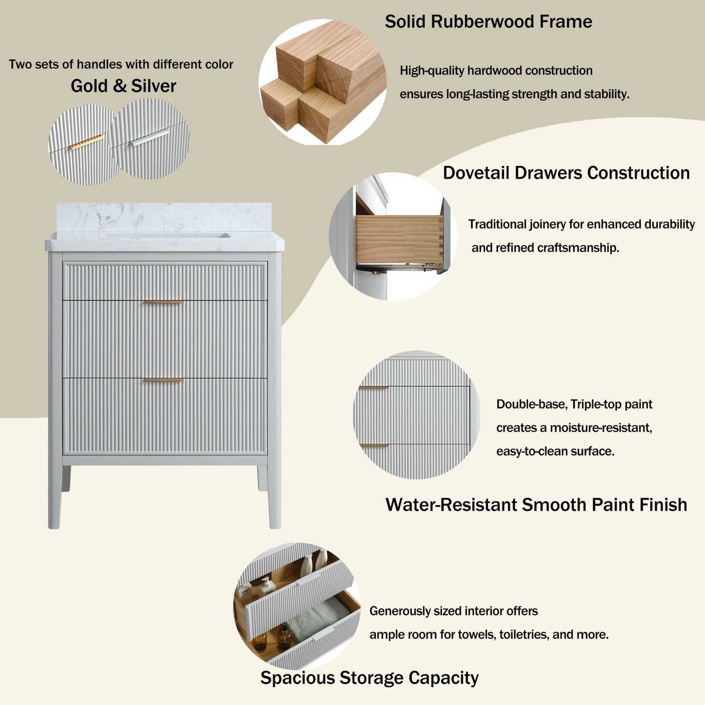 Fully Assembled 30'' Grey Freestanding Single Sink Bathroom Vanity with 2 Handle Sets and Engineered Marble Top - 1st Choice Furniture Direct