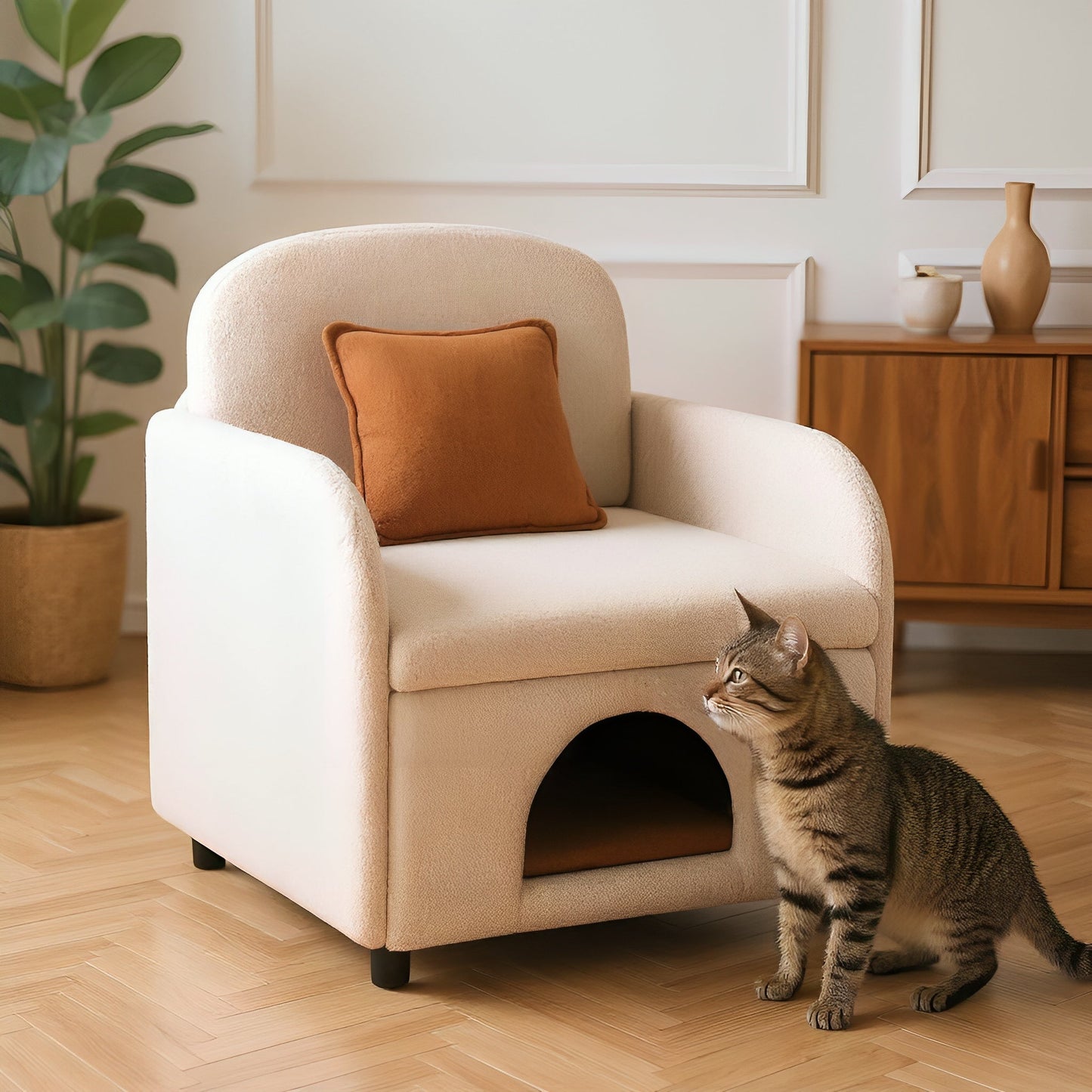 Furniture Style 2 in 1 Pet Friendly Fluffy Fabric Sherpa Upholstered Leisure Armchair with Lumbar Pillow for Living Room Bedroom Home and Office, Cream White - 1st Choice Furniture Direct