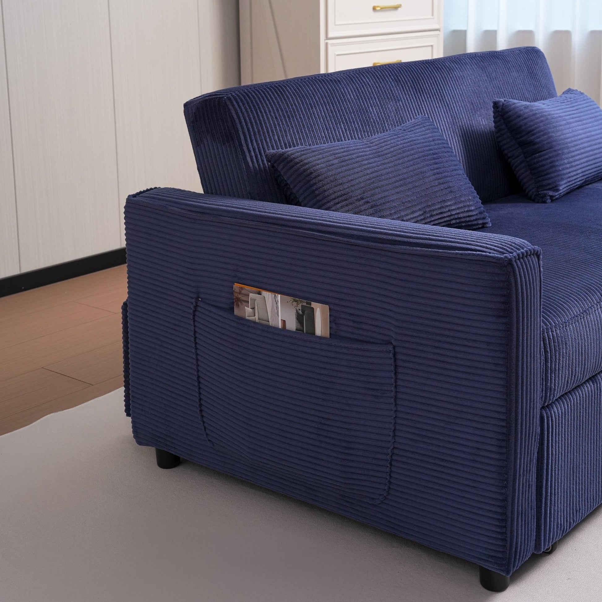 Futon Sofa Bed,3 - in - 1 Multi - Functional Corduroy Sleeper Couch Pull - Out Bed,Adjustable Backrest and Pillows,Convertible Sofa Bed for Living Room,Bedroom ((Blue) - 1st Choice Furniture Direct