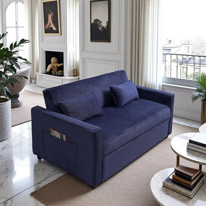 Futon Sofa Bed,3 - in - 1 Multi - Functional Corduroy Sleeper Couch Pull - Out Bed,Adjustable Backrest and Pillows,Convertible Sofa Bed for Living Room,Bedroom ((Blue) - 1st Choice Furniture Direct