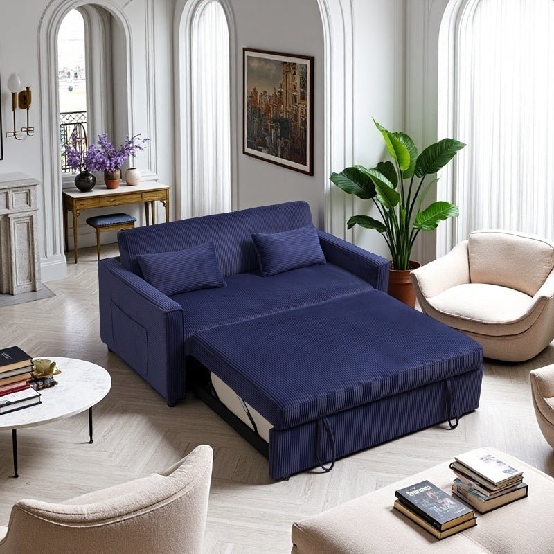 Futon Sofa Bed,3 - in - 1 Multi - Functional Corduroy Sleeper Couch Pull - Out Bed,Adjustable Backrest and Pillows,Convertible Sofa Bed for Living Room,Bedroom ((Blue) - 1st Choice Furniture Direct