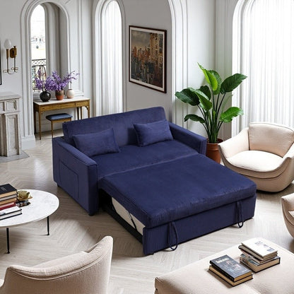 Futon Sofa Bed,3 - in - 1 Multi - Functional Corduroy Sleeper Couch Pull - Out Bed,Adjustable Backrest and Pillows,Convertible Sofa Bed for Living Room,Bedroom ((Blue) - 1st Choice Furniture Direct