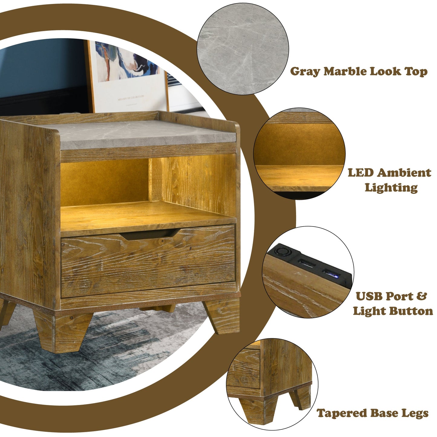 Garcia Light Aspen Brown Nightstand w/LED and USB port - 1st Choice Furniture Direct