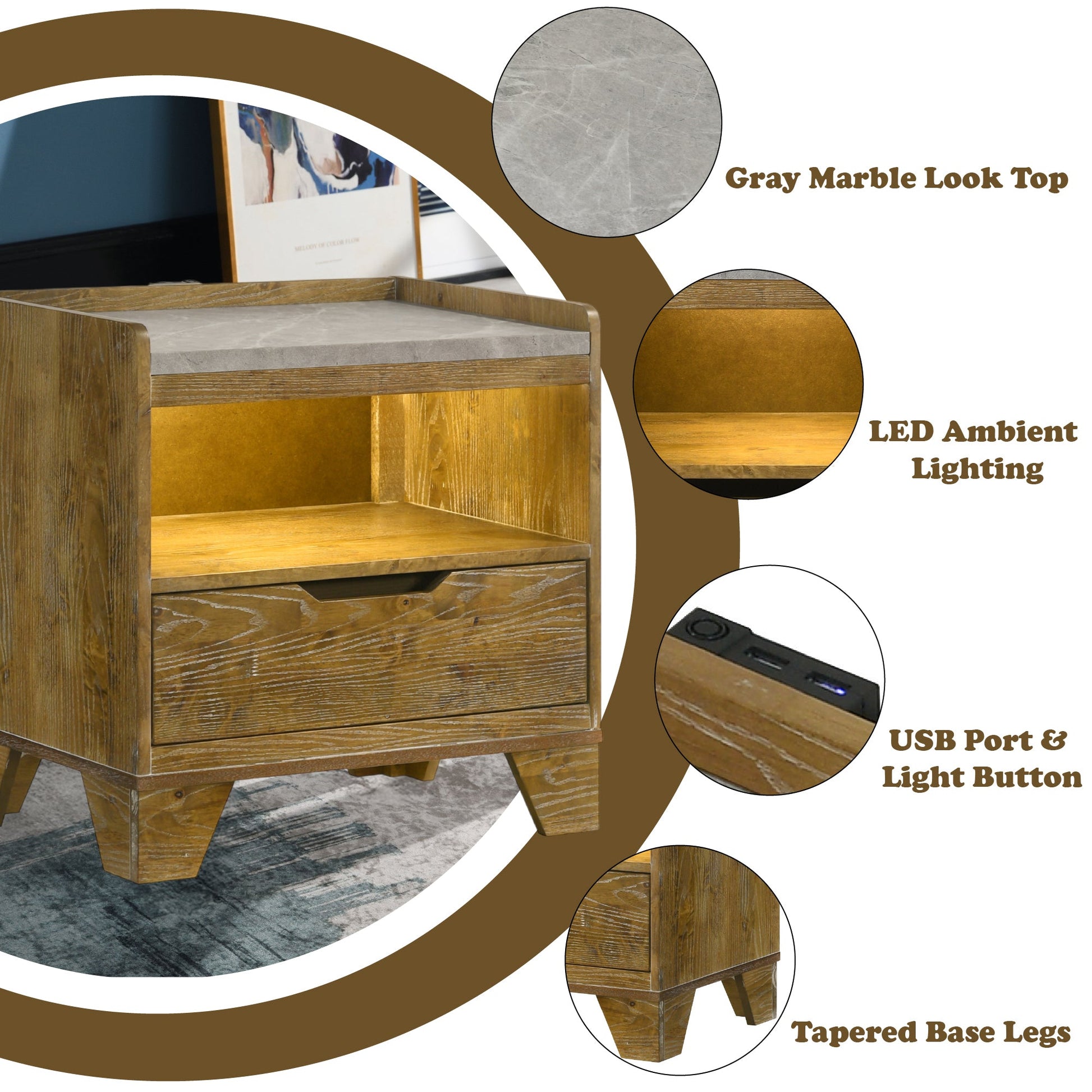 Garcia Light Aspen Brown Nightstand w/LED and USB port - 1st Choice Furniture Direct